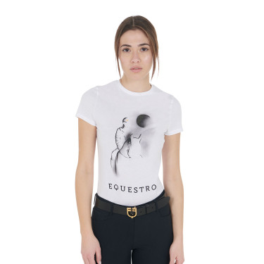 Camiseta de mujer Equestro corte slim estampado Moonlight de manga corta Blanco