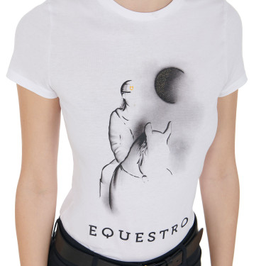 Camiseta de mujer Equestro corte slim estampado Moonlight de manga corta Blanco