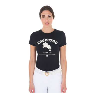 Camiseta de mujer Equestro Jumping Horse Club de algodón de manga corta Negro