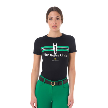 Camiseta mujer Equestro Stripe Horse Club de algodón de manga corta Negro