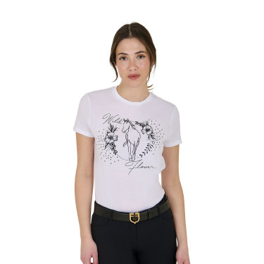 Camiseta mujer Equestro Wild Flower de algodón de manga corta Blanco