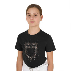 Camiseta de niña Equestro de corte entallado con logo rosa con purpurina y mangas cortas Negro