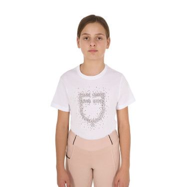 Camiseta de niña Equestro de corte entallado con logo rosa con purpurina y mangas cortas Blanco