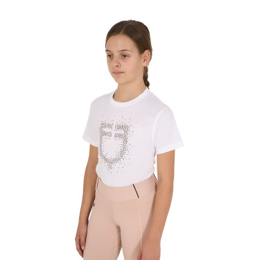 Camiseta de niña Equestro de corte entallado con logo rosa con purpurina y mangas cortas Blanco