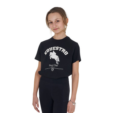Camiseta niña Equestro Jumping Horse Club de algodón de manga corta Negro