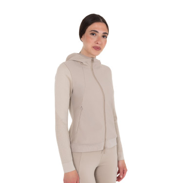 Sudadera técnica de mujer con capucha e inserciones de micromalla Oxford tostado Rosa