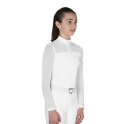 Polo de concurso para niña de manga larga con insertos de micromalla Blanco