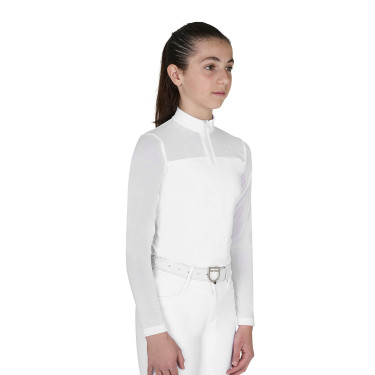 Polo de concurso para niña de manga larga con insertos de micromalla Blanco