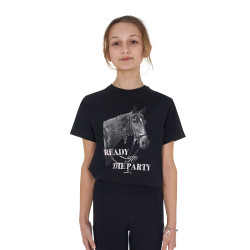 Camiseta para niña Equestro Ready To The Party de algodón con strass, manga corta Negro Camiseta para niña Equestro Ready To The Party de algodón con strass, manga corta Negro