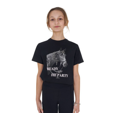 Camiseta para niña Equestro Ready To The Party de algodón con strass, manga corta Negro Camiseta para niña Equestro Ready To The Party de algodón con strass, manga corta Negro