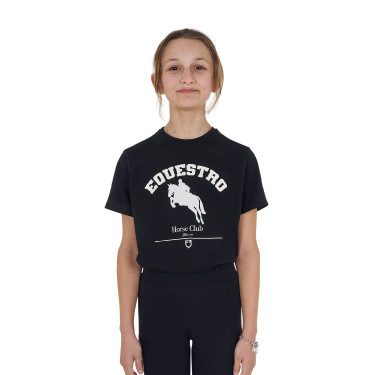 Camiseta niña Equestro Jumping Horse Club de algodón de manga corta Negro Camiseta niña Equestro Jumping Horse Club de algodón de manga corta Negro