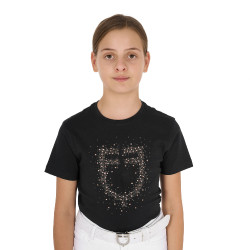 Camiseta de niña Equestro de corte entallado con logo rosa con purpurina y mangas cortas Negro