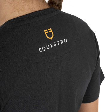 Camiseta de niña Equestro de corte entallado con logo rosa con purpurina y mangas cortas Negro