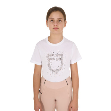 Camiseta de niña Equestro de corte entallado con logo rosa con purpurina y mangas cortas Blanco