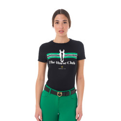 Camiseta mujer Equestro Stripe Horse Club de algodón de manga corta Negro