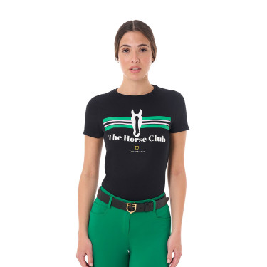 Camiseta mujer Equestro Stripe Horse Club de algodón de manga corta Negro