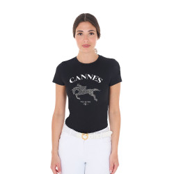 Camiseta de mujer Equestro Cannes de algodón con strass de manga corta Negro