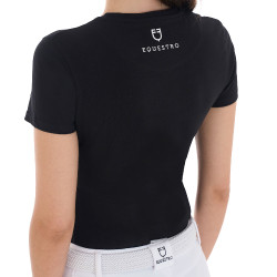 Camiseta de mujer Equestro Cannes de algodón con strass de manga corta Negro