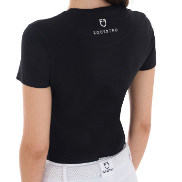 Camiseta de mujer Equestro Cannes de algodón con strass de manga corta Negro