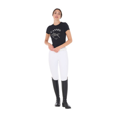Camiseta de mujer Equestro Cannes de algodón con strass de manga corta Negro