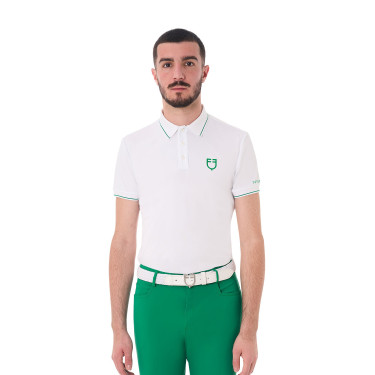 Polo de hombre de entrenamiento Equestro con detalles en contraste, manga corta Blanco / verde ultramarino