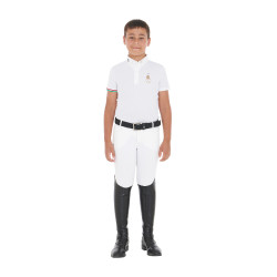 Polo de concurso para niño de cuatro botones Equestro x FISE de manga corta Blanco