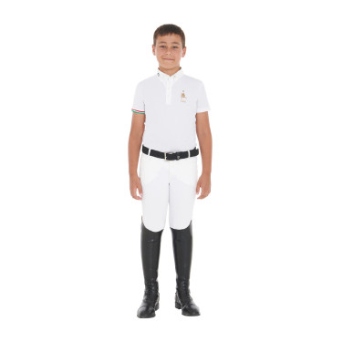 Polo de concurso para niño de cuatro botones Equestro x FISE de manga corta Blanco