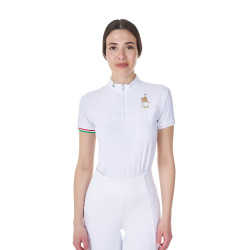 Polo de concurso para mujer elástico Equestro x FISE de manga corta Blanco