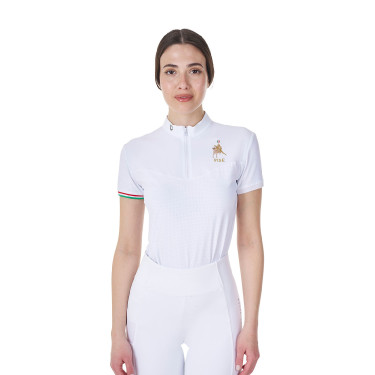 Polo de concurso para mujer elástico Equestro x FISE de manga corta Blanco