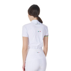 Polo de concurso para mujer elástico Equestro x FISE de manga corta Blanco