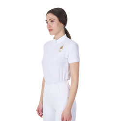 Polo de concurso para mujer elástico Equestro x FISE de manga corta Blanco