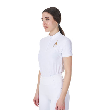 Polo de concurso para mujer elástico Equestro x FISE de manga corta Blanco