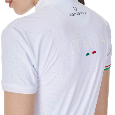 Polo de concurso para mujer elástico Equestro x FISE de manga corta Blanco