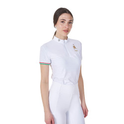 Polo de concurso para mujer elástico Equestro x FISE de manga corta Blanco