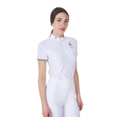 Polo de concurso para mujer elástico Equestro x FISE de manga corta Blanco