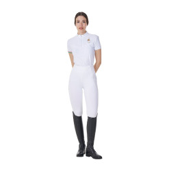 Polo de concurso para mujer elástico Equestro x FISE de manga corta Blanco