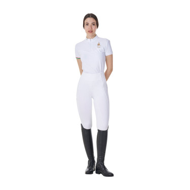 Polo de concurso para mujer elástico Equestro x FISE de manga corta Blanco