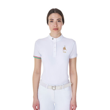 Polo de concurso Equestro x FISE para mujer, corte slim, mangas cortas Blanco