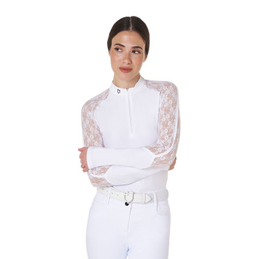 Polo de entrenamiento para mujer Equestro de manga larga con encaje Blanco Polo de entrenamiento para mujer Equestro de manga larga con encaje Blanco