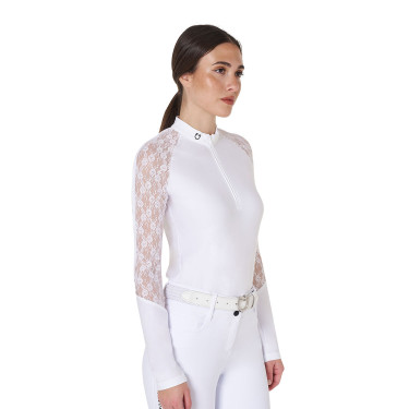 Polo de entrenamiento para mujer Equestro de manga larga con encaje Blanco Polo de entrenamiento para mujer Equestro de manga larga con encaje Blanco