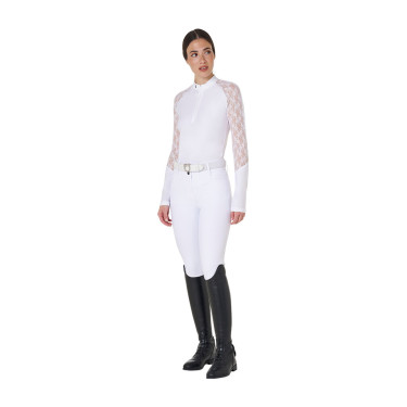 Polo de entrenamiento para mujer Equestro de manga larga con encaje Blanco Polo de entrenamiento para mujer Equestro de manga larga con encaje Blanco