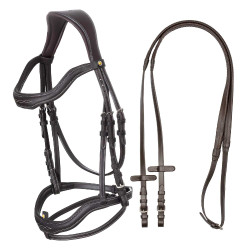Brida inglesa de cuero suave Equestro con pespuntes decorativos Marrón oscuro Marrón Brida inglesa de cuero suave Equestro con pespuntes decorativos Marrón oscuro Marrón