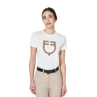 Camiseta de mujer con logotipo monograma efecto terciopelo Equestro Blanco / marrón tabaco