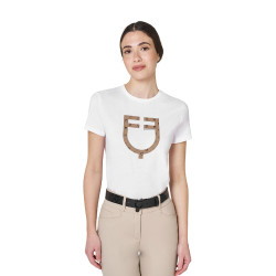 Camiseta de mujer con logotipo monograma efecto terciopelo Equestro Blanco / marrón tabaco