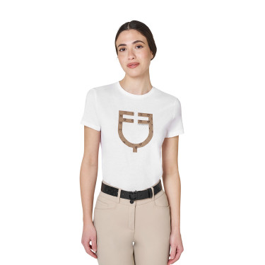 Camiseta de mujer con logotipo monograma efecto terciopelo Equestro Blanco / marrón tabaco