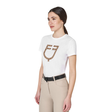Camiseta de mujer con logotipo monograma efecto terciopelo Equestro Blanco / marrón tabaco