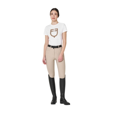 Camiseta de mujer con logotipo monograma efecto terciopelo Equestro Blanco / marrón tabaco