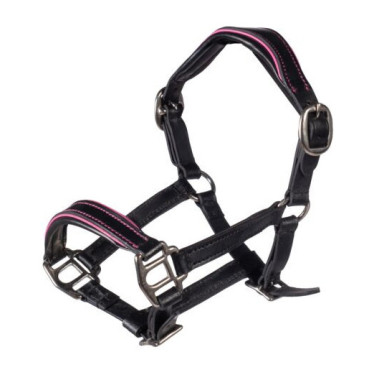 Cabezada de cuero Manchester Hobby Horsing- HKM Negro / fucsia